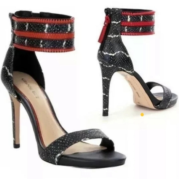 Gianni Bini Zaylie Black Leather Snakeskin Heels Red Zipper Ankle Strap - Picture 8 of 8